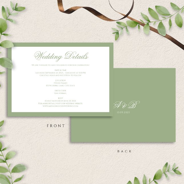 Cartão De Informações Classic Sage Green Monogram Script Wedding Details (Criador carregado)