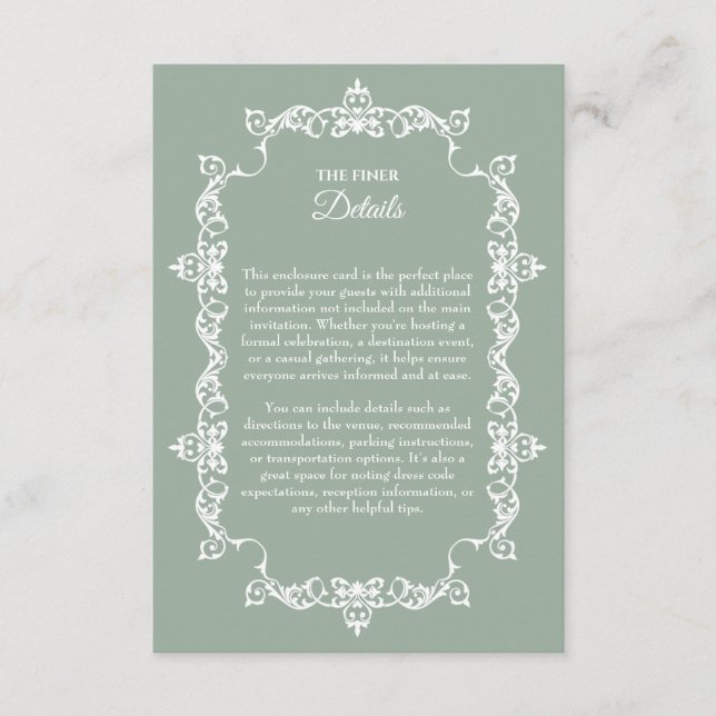 Cartão De Informações Classic Sage Green Ornately Framed Wedding (Frente)