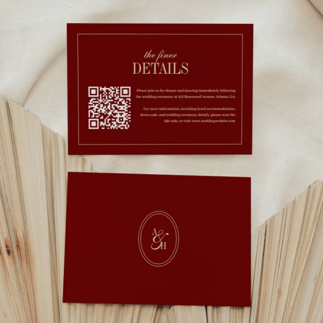Cartão De Informações Classic Script Wine Red QR Code Wedding Details (Criador carregado)