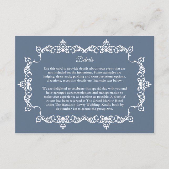 Cartão De Informações Classic Slate Blue Ornately Framed Wedding (Frente)