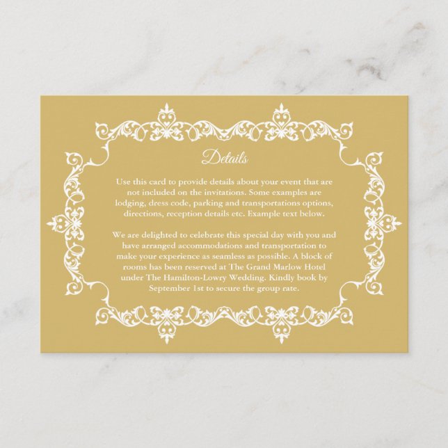 Cartão De Informações Classic Soft Gold Ornately Framed Wedding (Frente)