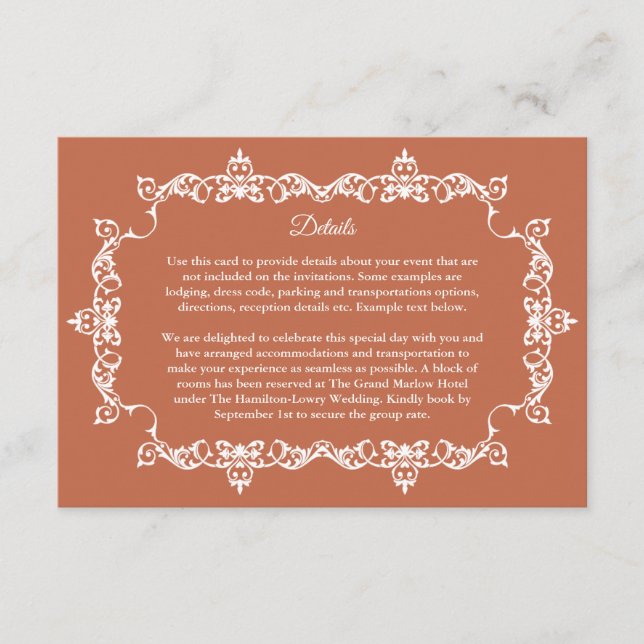 Cartão De Informações Classic Terracotta Clay Ornately Framed Wedding (Frente)