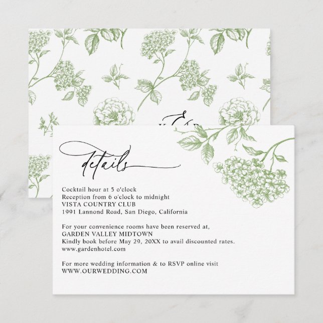 Cartão De Informações Classic Victorian Green Floral Wedding Details  (Frente/Verso)