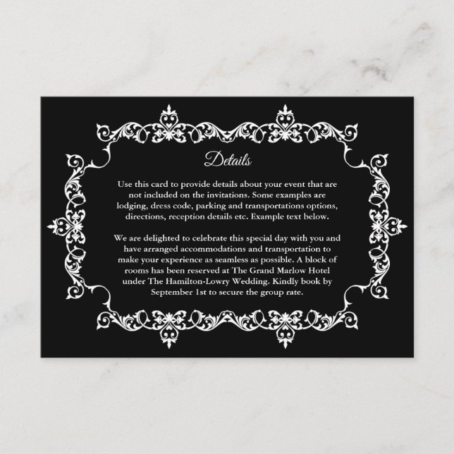 Cartão De Informações Classic White on Black Ornately Framed Wedding (Frente)