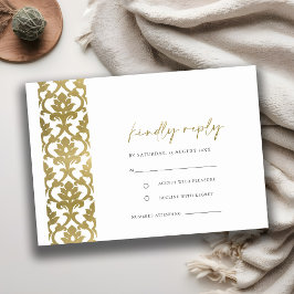 CARTÃO DE INFORMAÇÕES CLÁSSICA DOURADA DAMASK FLORAL PADRÃO WEDDING RSVP