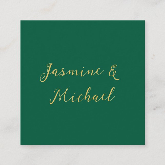 Cartão De Informações Classical Calligraphy Couple Names Green & Gold (Frente)