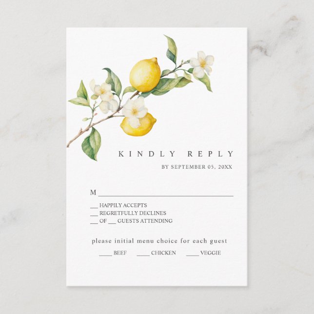 Cartão De Informações Clássico Citrus Lemon Summer Wedding RSVP Card (Frente)