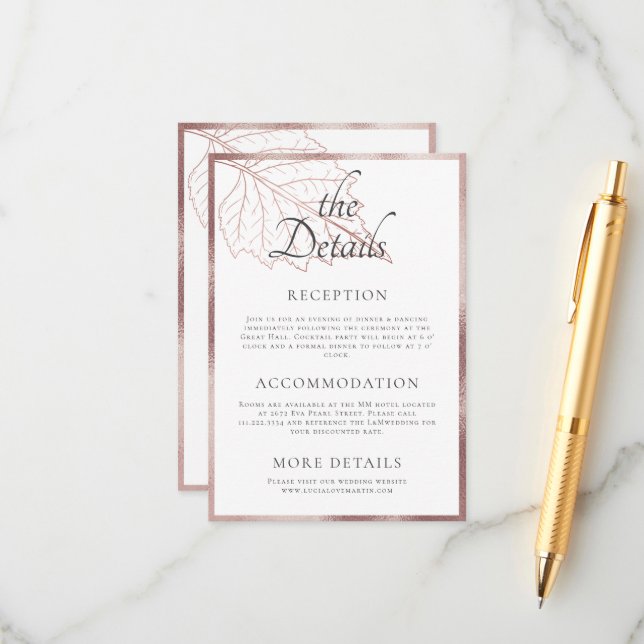 Cartão De Informações Clássico Matt Rosa Dourado deixa detalhes de casam (Frente/Verso In Situ)
