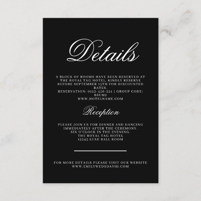 Cartão De Informações Clássico, preto e branco, com legância caligráfica (Frente)