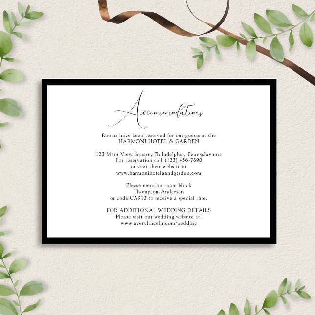 Cartão De Informações Classy Black & White Script Wedding Accommodations (Criador carregado)