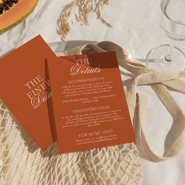 Cartão De Informações Classy Burnt Orange Old Money Chic Wedding Details (Criador carregado)