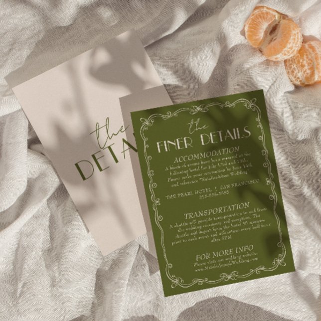 Cartão De Informações Classy Olive Green Ivory Old Money Wedding Details (Criador carregado)