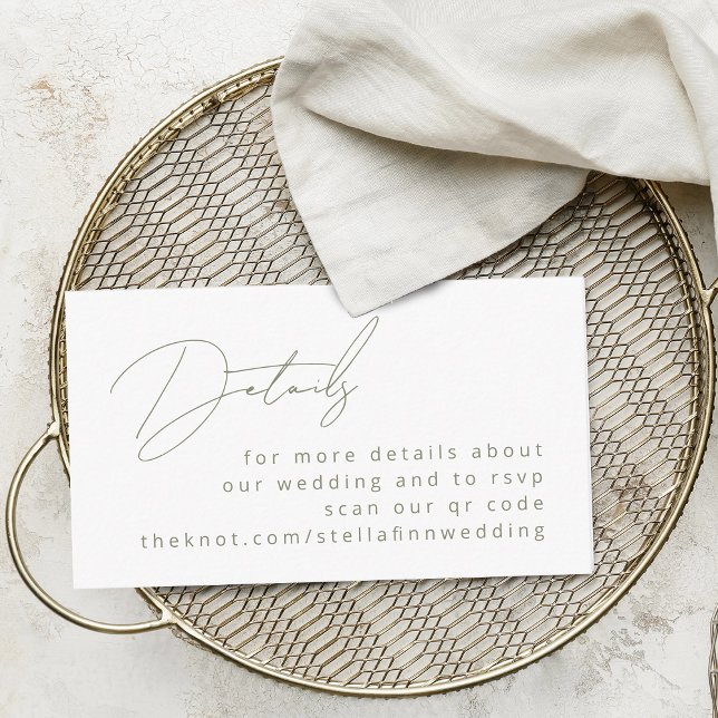 Cartão De Informações Cláusula de Caligrafia Moderna Detalhes Verdes do  (Modern Calligraphy Sage Green Details QR Code Enclosure Card)