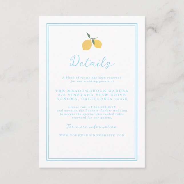 Cartão De Informações Coastal Blue Lemon Amalfi Wedding Details Card (Frente)