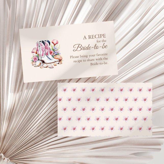 Cartão De Informações Coastal Cowgirl Boots Chá de panela Compartilha Re (Coastal Cowgirl Boots Bridal Shower Share A Recipe Enclosure Card on a white dry palm leaf.)