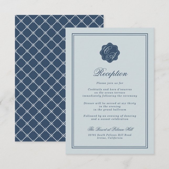 Cartão De Informações Coastal Wedding Dusty Blue Monogram Reception (Frente/Verso)
