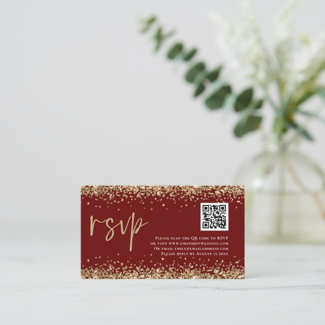 Cartão De Informações Código Glam QR Dourado Glitter Weding Burgundy RSV (Em pé/Frente)
