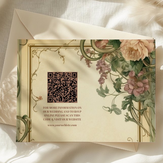 Cartão De Informações Código QR Art Nouveau Casamento Botânico Elegante (Criador carregado)
