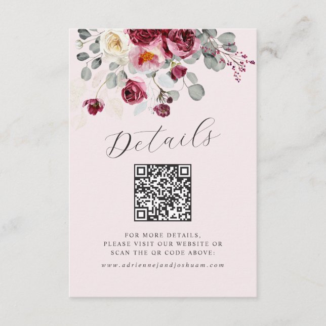 Cartão De Informações Código QR Blush & Burgundy Casamento Rosa Floral (Frente)