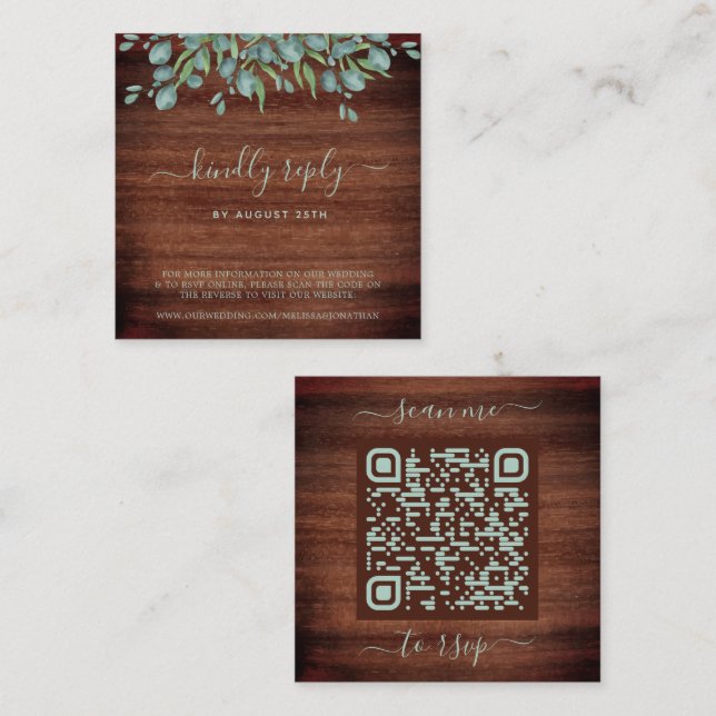 Cartão De Informações Código QR Botânico Rustic Eucalyptus Wedding RSVP (Frente/Verso)