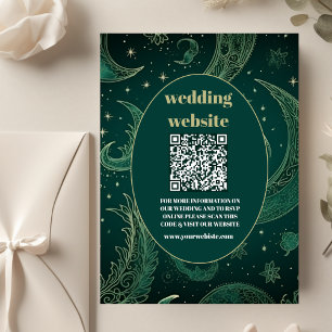 Cartão De Informações código qr Casamento Celestial Dourado Emerald Gree