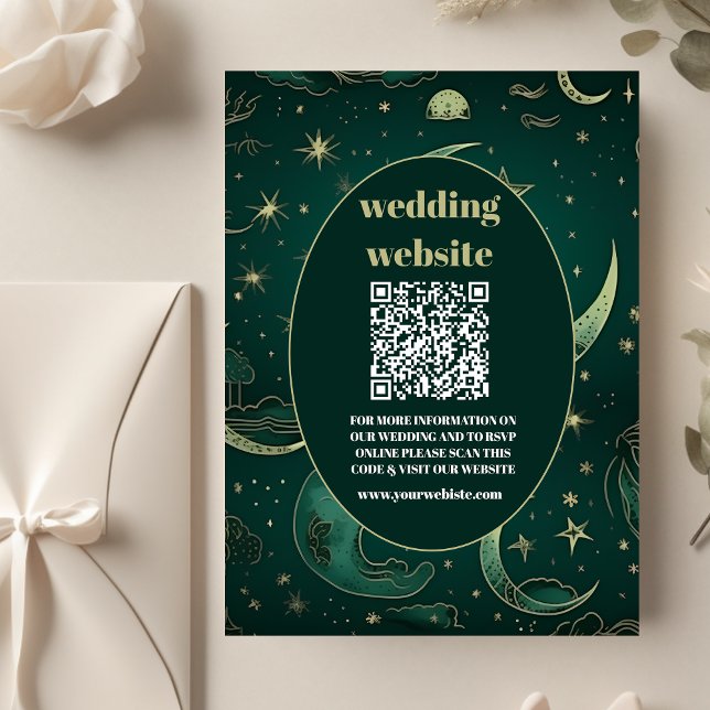 Cartão De Informações código qr Casamento Celestial Dourado Emerald Gree (Criador carregado)