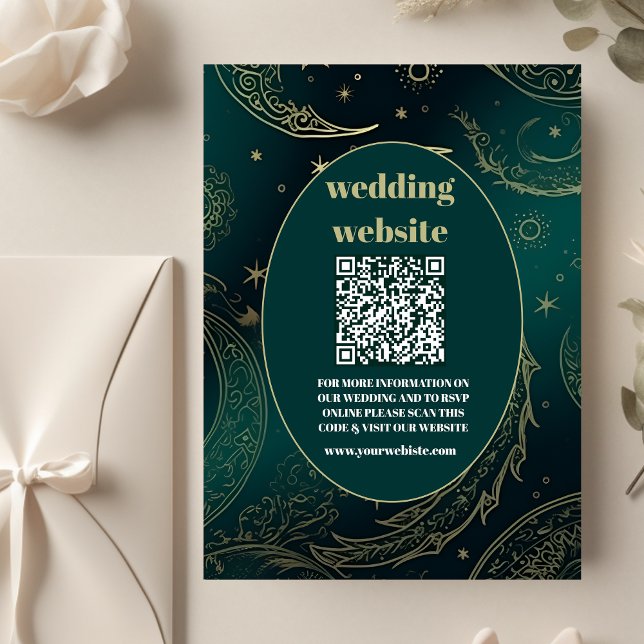 Cartão De Informações código qr Casamento Celestial Dourado Emerald Gree (Criador carregado)