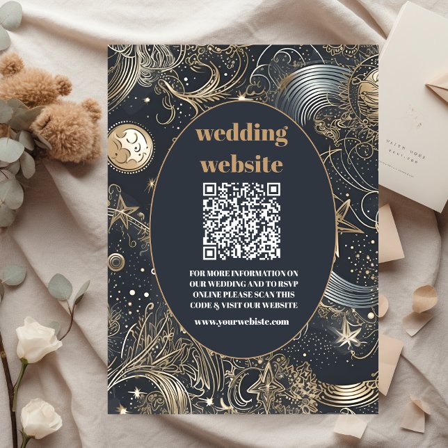 Cartão De Informações código qr Casamento Celestial Prata Dourada Elegan (Criador carregado)