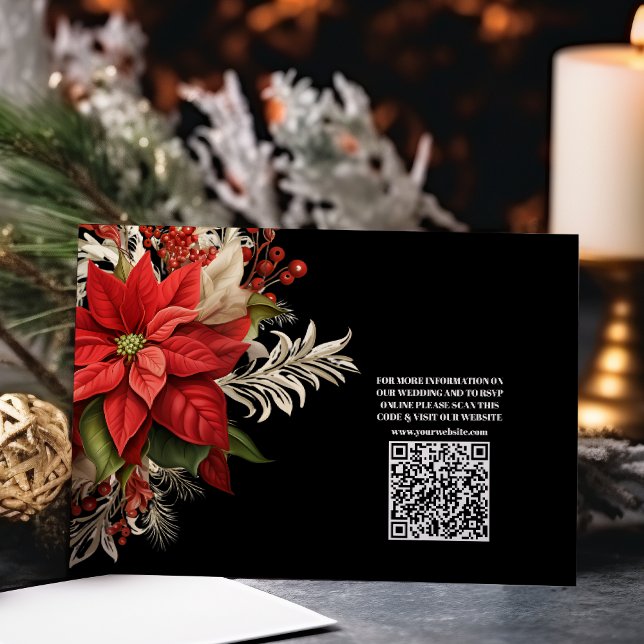 Cartão De Informações Código QR Casamento de Natal Rustic Black Poinsett (Criador carregado)
