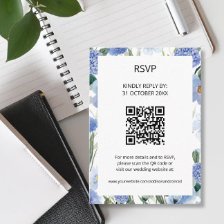 Cartão De Informações Código QR Casamento Floral Aquarela Azul RSVP