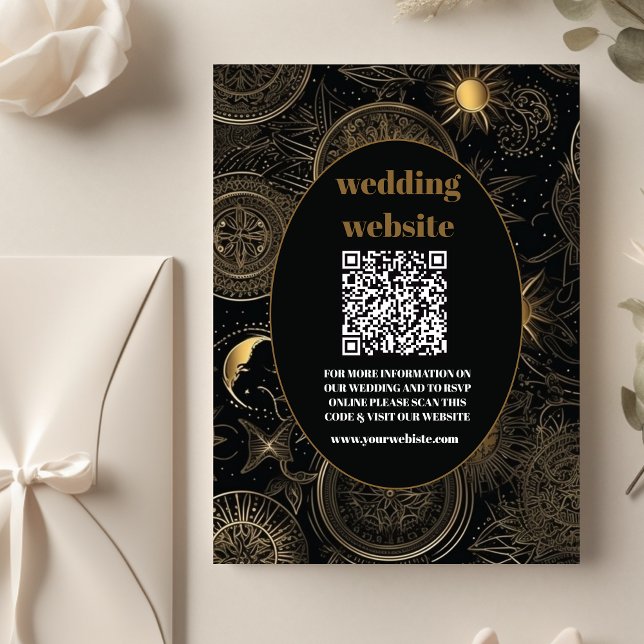 Cartão De Informações código qr Casamento Preto Dourado Celestial (Criador carregado)
