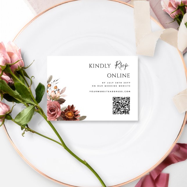 Cartão De Informações Código QR Casamento RSVP Online Burgundy Blush Flo (Criador carregado)
