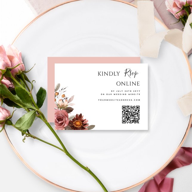 Cartão De Informações Código QR Casamento RSVP Online Burgundy, Rosa Esm (Criador carregado)