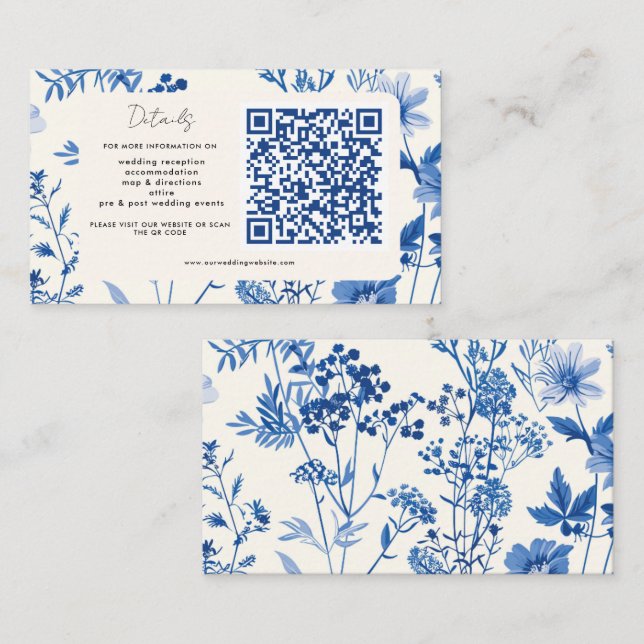 Cartão De Informações Código QR Casamento Rustic Blue Wildflower (Frente/Verso)