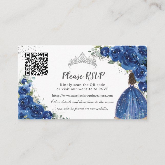 Cartão De Informações Código QR da Prata Floral Real Quinceañera (Frente)