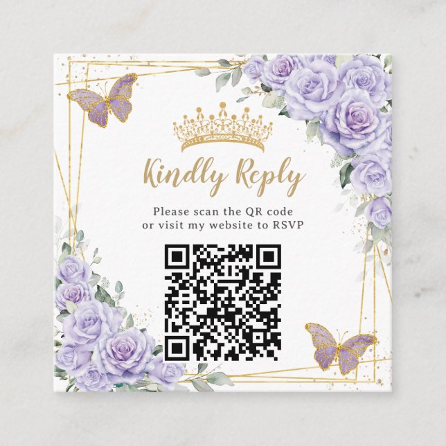Cartão De Informações Código QR da Quinceañera Dourada Floral de Lavanda (Frente)