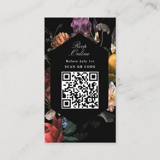 Cartão De Informações Código QR Dark Moody Black Website Floral RSVP (Frente)