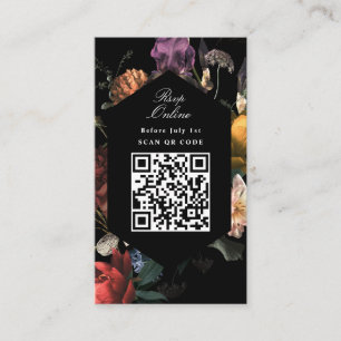 Cartão De Informações Código QR Dark Moody Black Website Floral RSVP