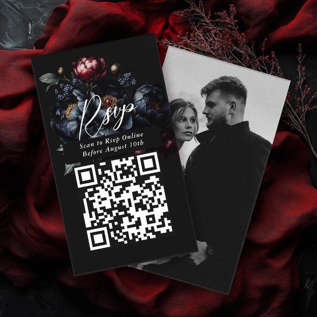 Cartão De Informações Código QR Dark Moody Peony Gothic Wedding RSVP (Criador carregado)