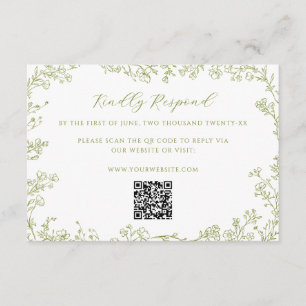 Cartão De Informações Código QR de Arte de Linha Floral Verde Oliva para