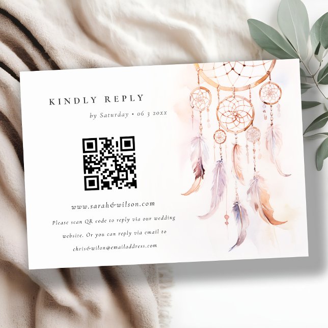 Cartão De Informações Código QR de Boho Feather Dreamcatcher Weding RSVP (Criador carregado)