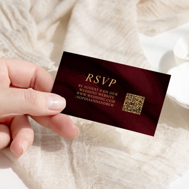 Cartão De Informações Código QR de Casamento Burgundy & Gold RSVP (Criador carregado)