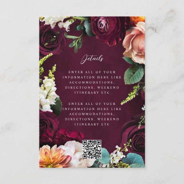 Cartão De Informações Código QR de Casamento Burgundy Rose Ranunculus (Frente)