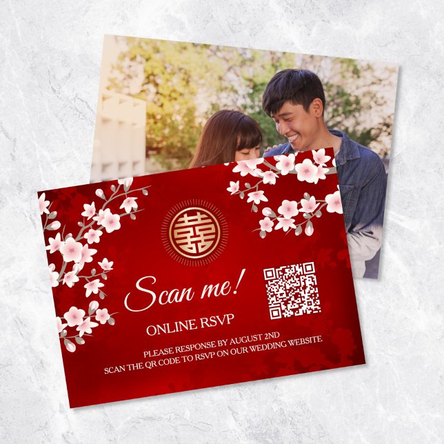 Cartão De Informações Código QR de Casamento Chinês RSVP Online (Criador carregado)
