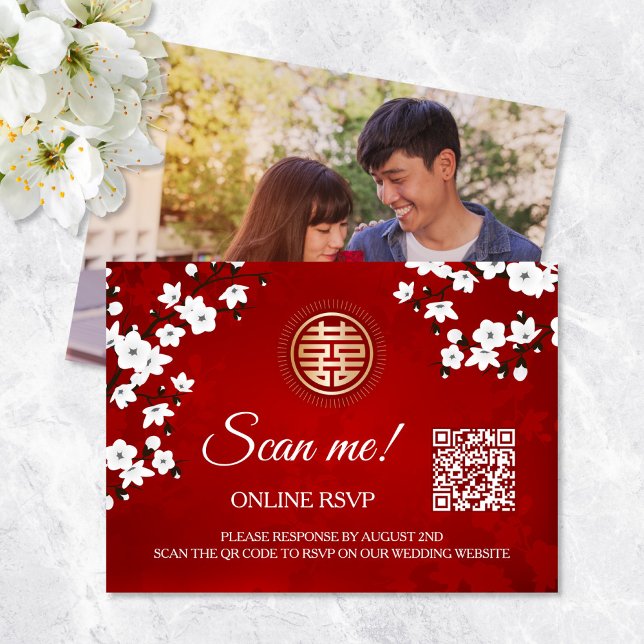 Cartão De Informações Código QR de Casamento Chinês RSVP Online (Criador carregado)