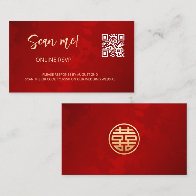 Cartão De Informações Código QR de Casamento Chinês RSVP Online (Frente/Verso)