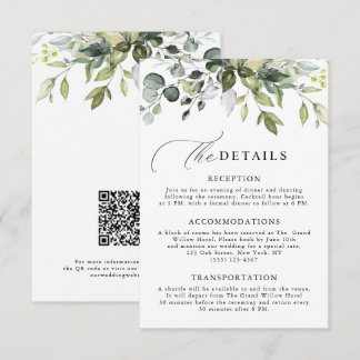 Cartão De Informações Código QR de Casamento com Grafismo de Eucalipto e