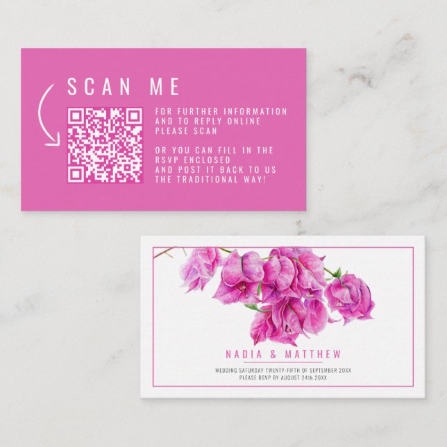 Cartão De Informações Código QR de casamento de aquarela rosa buganvília (Frente/Verso)