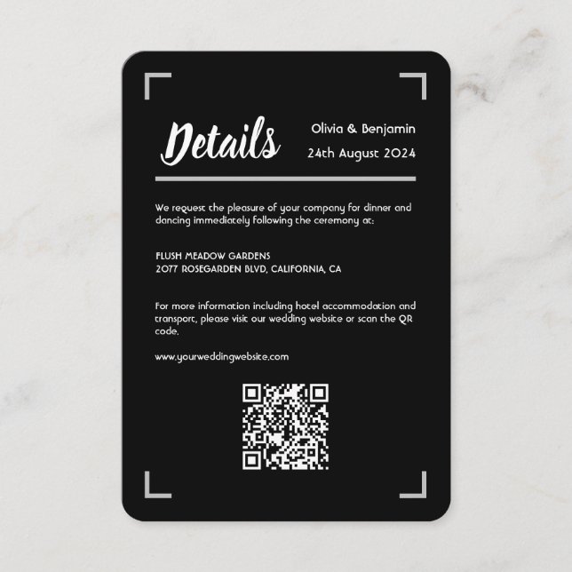 Cartão De Informações Código QR de Casamento de Script Manuscrito Preto  (Frente)