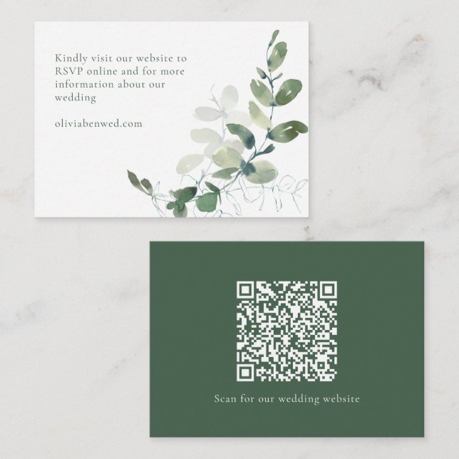 Cartão De Informações Código QR de Casamento Eucalyptus Verde Elegante M (Frente/Verso)